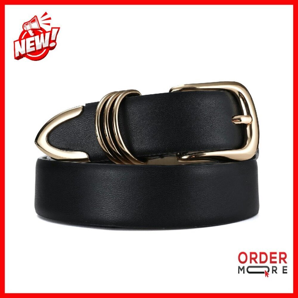 Women's Leather Belt with Gold Buckle, 1.2" Wide, Versatile for Dresses & Jeans